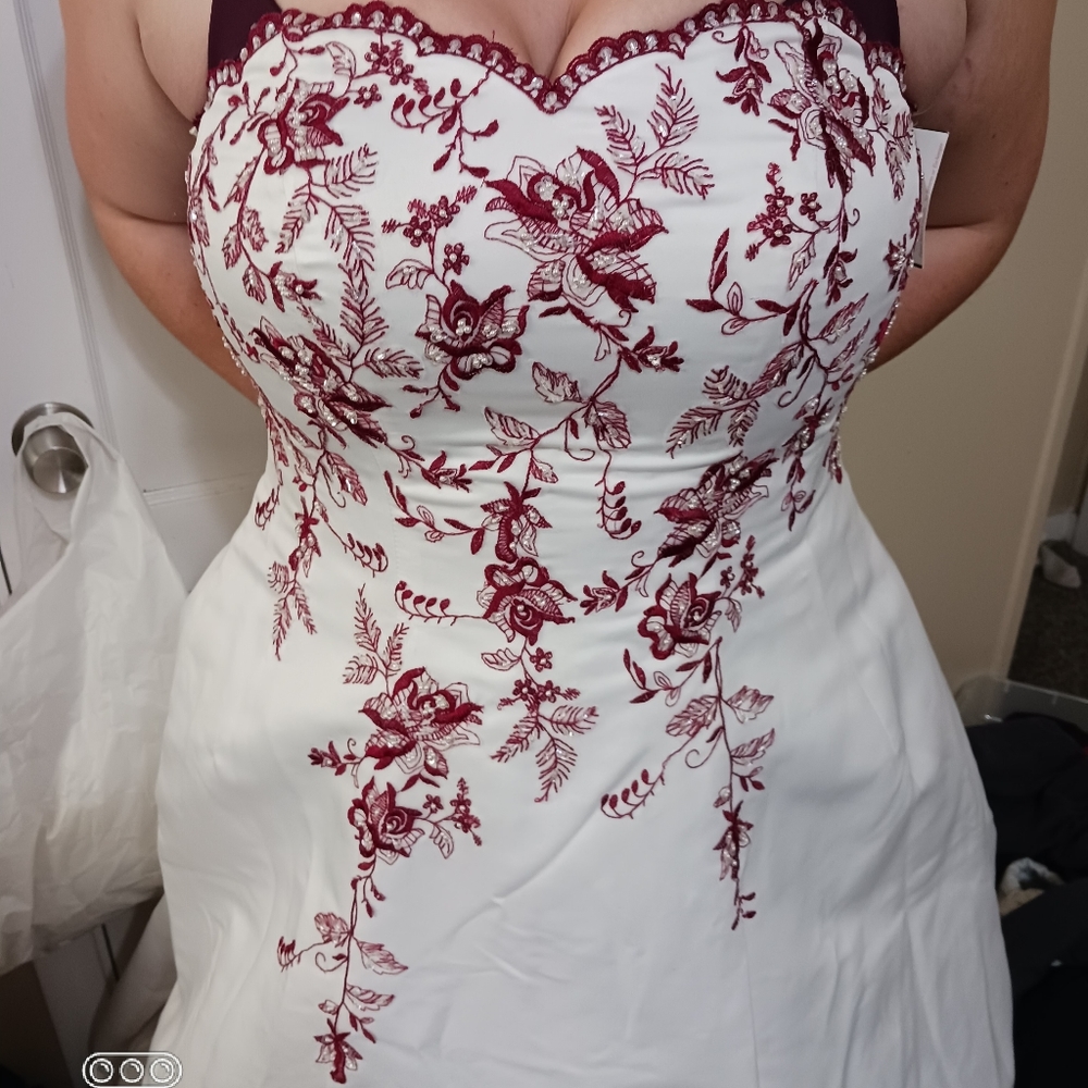 Wedding dress with accessories. Style plus, 18w, white with red embroidery.